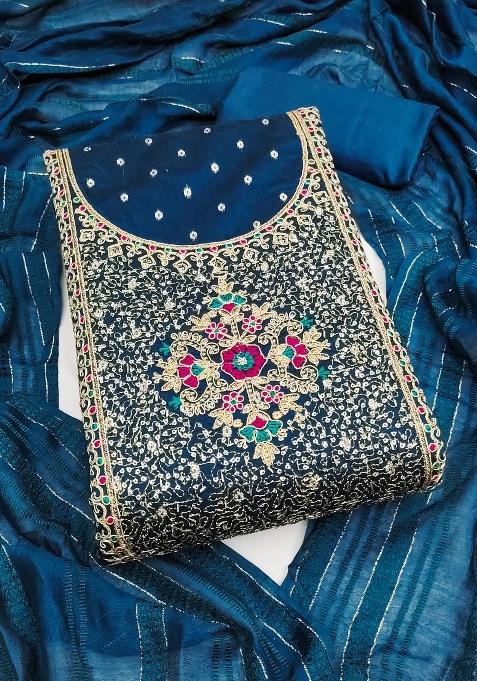 Blue Embroidered Jacquard Dress Material