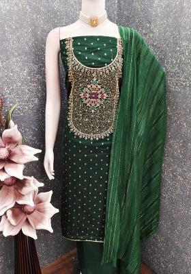 Green Embroidered Jacquard Dress Material