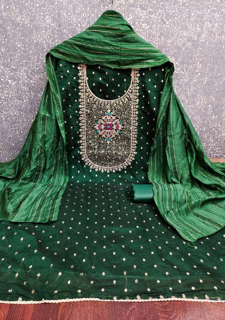 Green Embroidered Jacquard Pakistani Suit Set - Indya