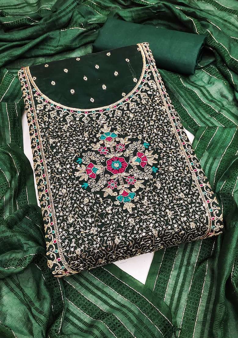Green Embroidered Jacquard Pakistani Suit Set - Indya