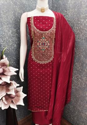 Maroon Embroidered Jacquard Dress Material