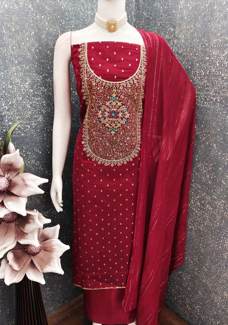 Maroon Embroidered Jacquard Straight Kurta Set - Indya
