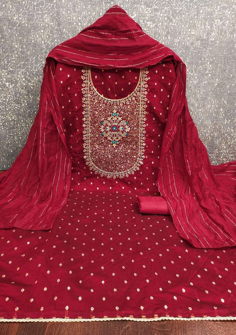 Maroon Embroidered Jacquard Straight Kurta Set - Indya