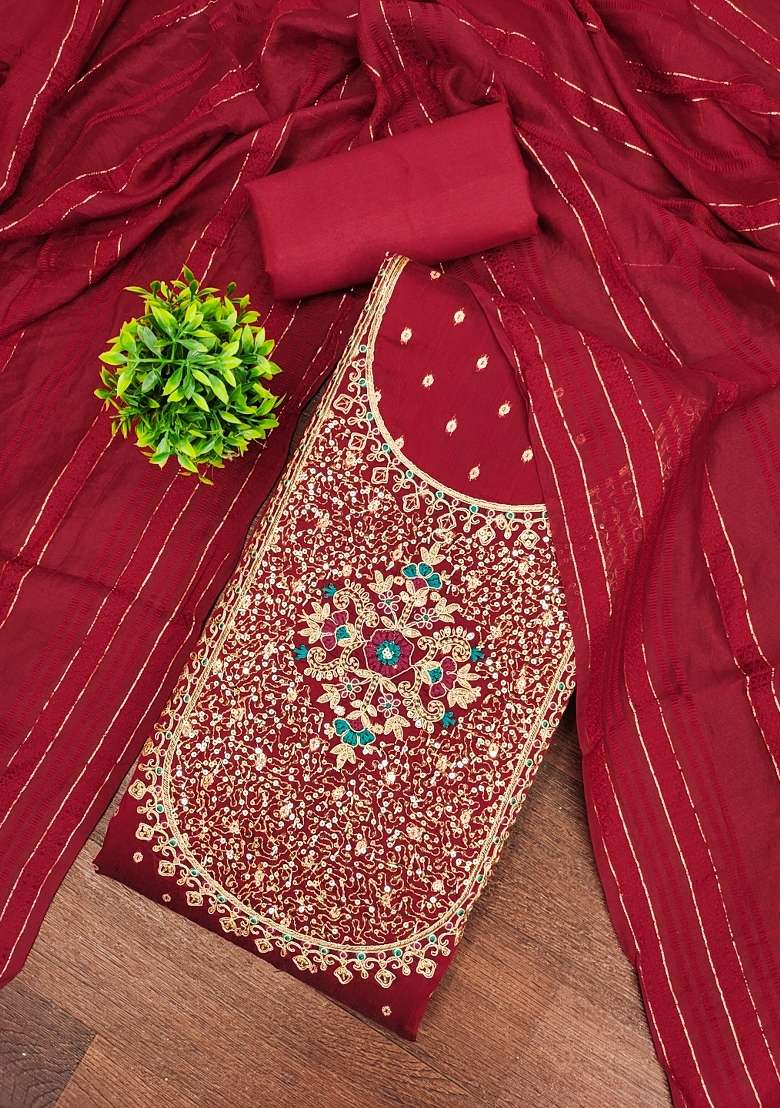 Maroon Embroidered Jacquard Straight Kurta Set - Indya