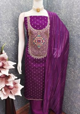 Purple Embroidered Jacquard Dress Material