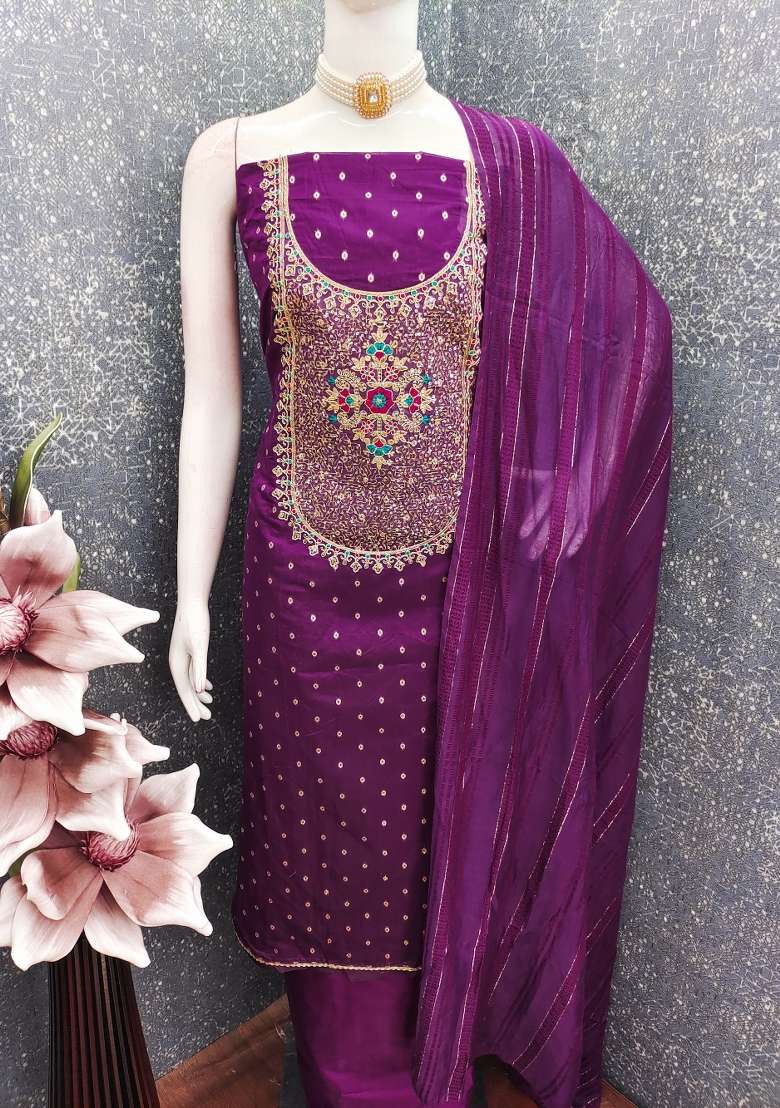 Purple Embroidered Jacquard Dress Material - Indya
