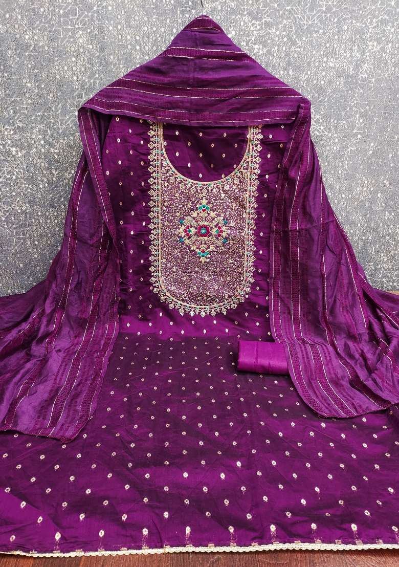 Purple Embroidered Jacquard Dress Material - Indya