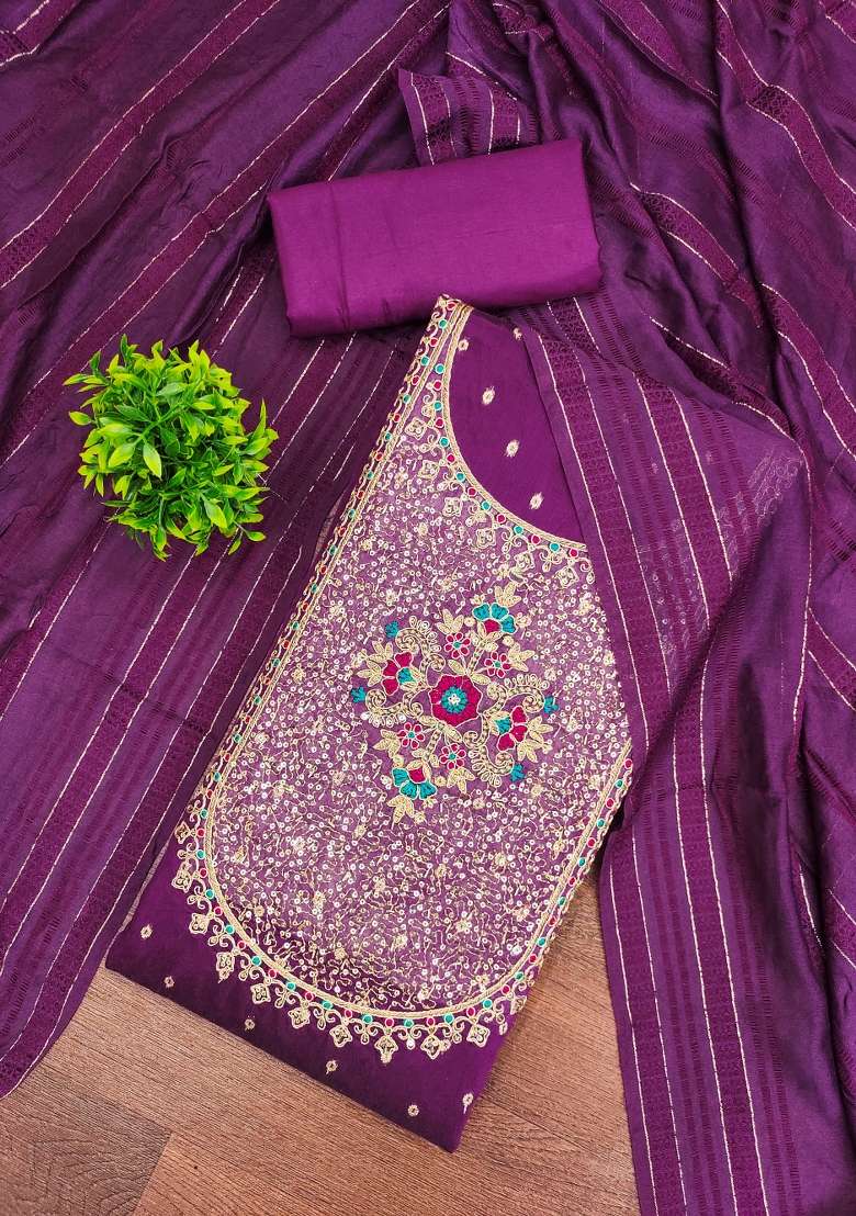 Purple Embroidered Jacquard Dress Material - Indya