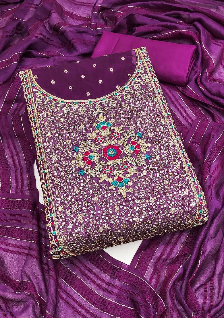 Purple Embroidered Jacquard Dress Material - Indya