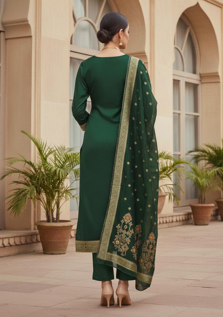 Green Embroidered Oragnza Dress Material - Indya