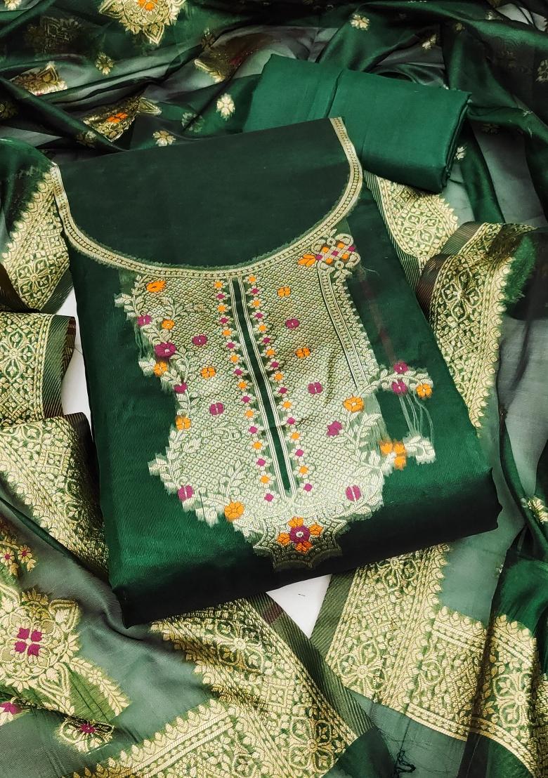 Green Embroidered Oragnza Dress Material - Indya