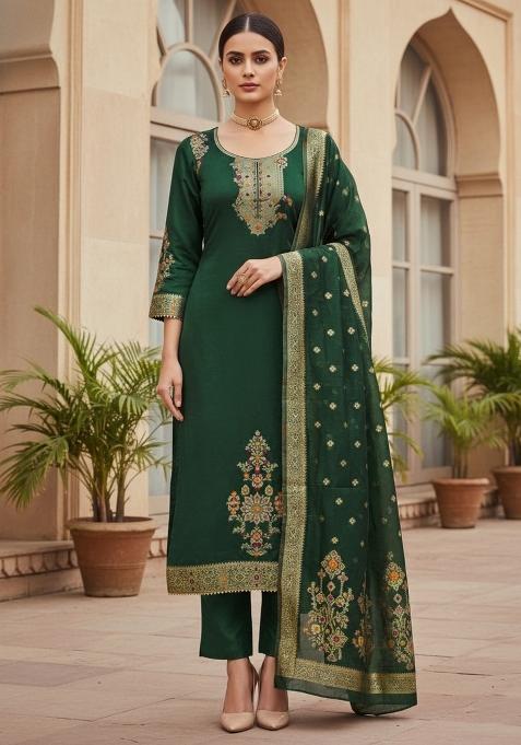 Green Embroidered Oragnza Dress Material