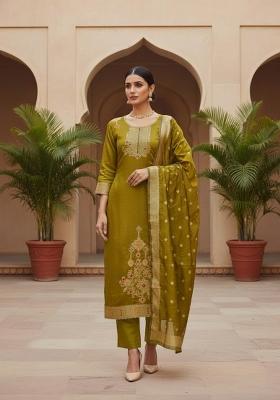 Mehandi Embroidered Oragnza Dress Material