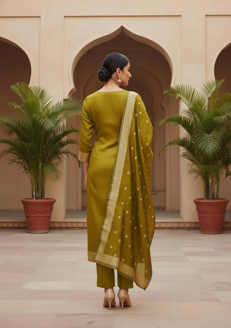 Mehandi Embroidered Oragnza Dress Material - Indya