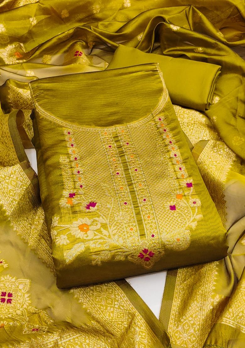 Mehandi Embroidered Oragnza Dress Material - Indya