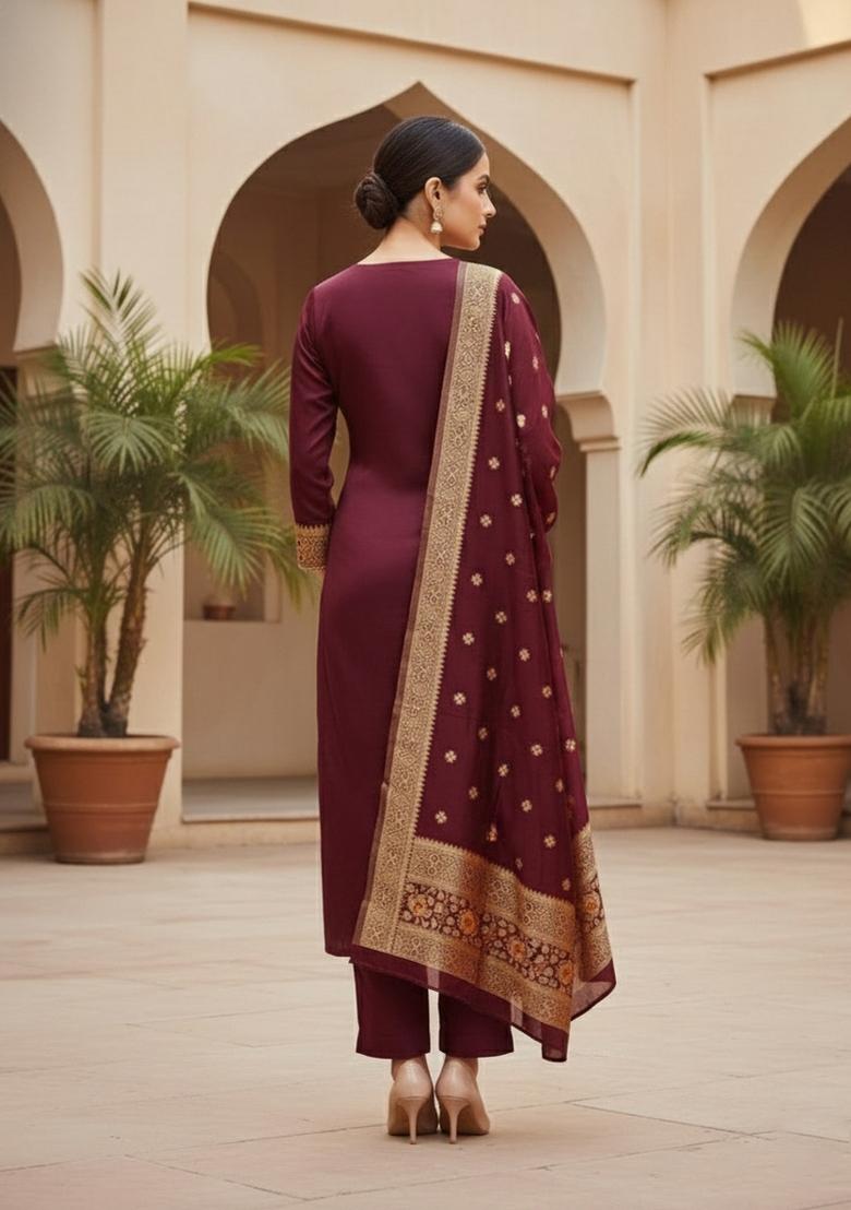 Maroon Embroidered Oragnza Dress Material - Indya