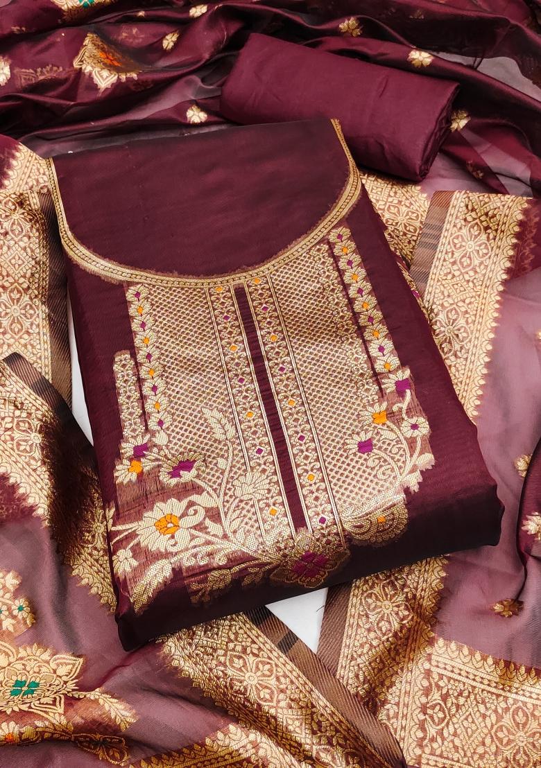 Maroon Embroidered Oragnza Dress Material - Indya