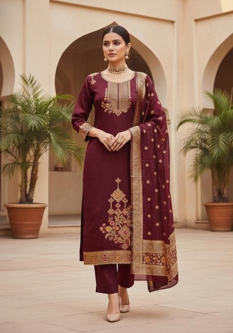 Maroon Embroidered Oragnza Dress Material