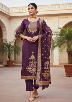 Purple Embroidered Oragnza Dress Material