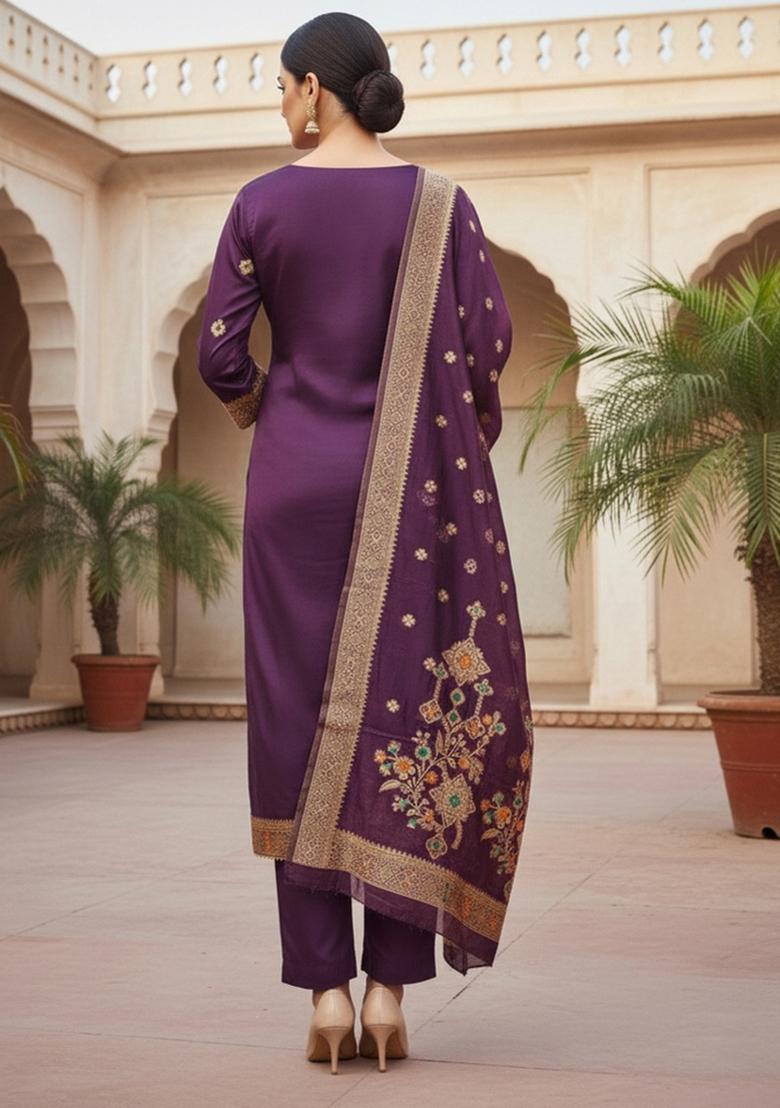 Purple Embroidered Oragnza Dress Material - Indya