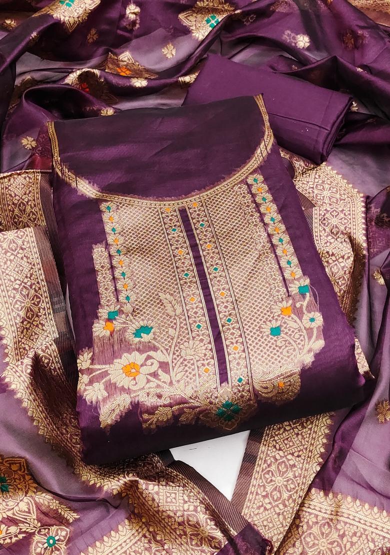 Purple Embroidered Oragnza Dress Material - Indya