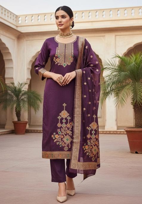 Purple Embroidered Oragnza Dress Material