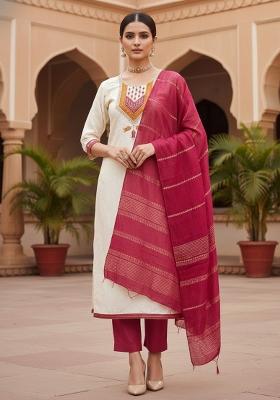 White Embroidered Jacquard Dress Material