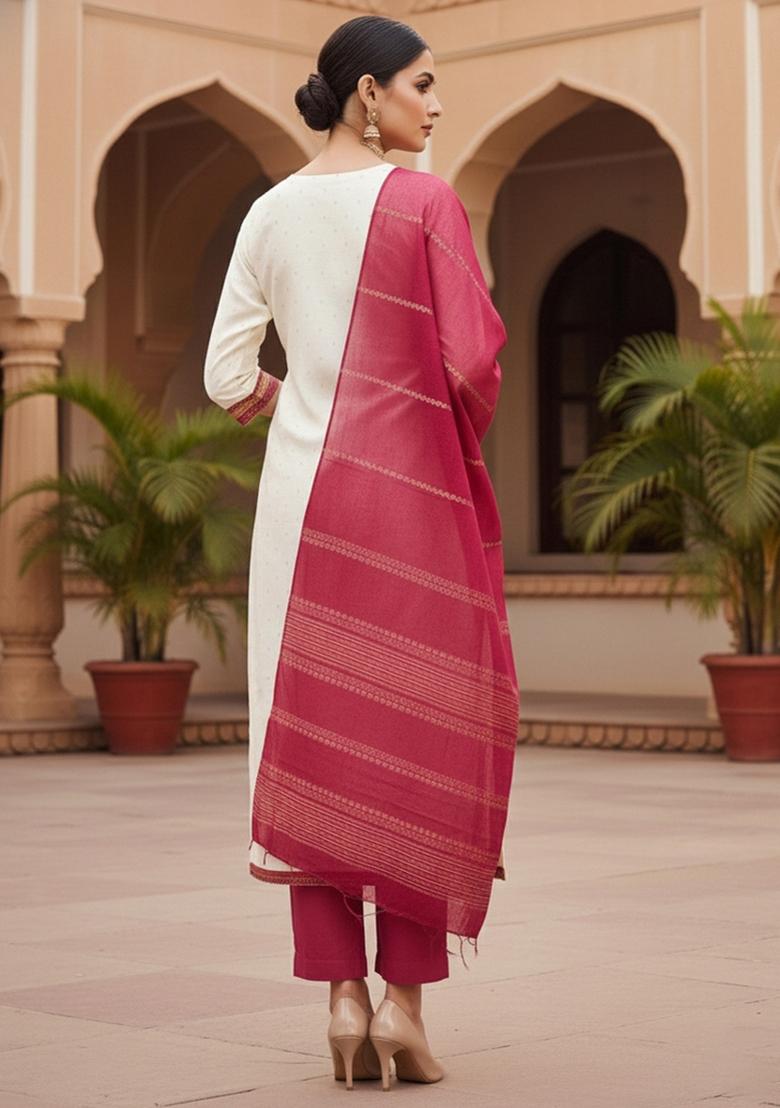 White Embroidered Jacquard Dress Material - Indya