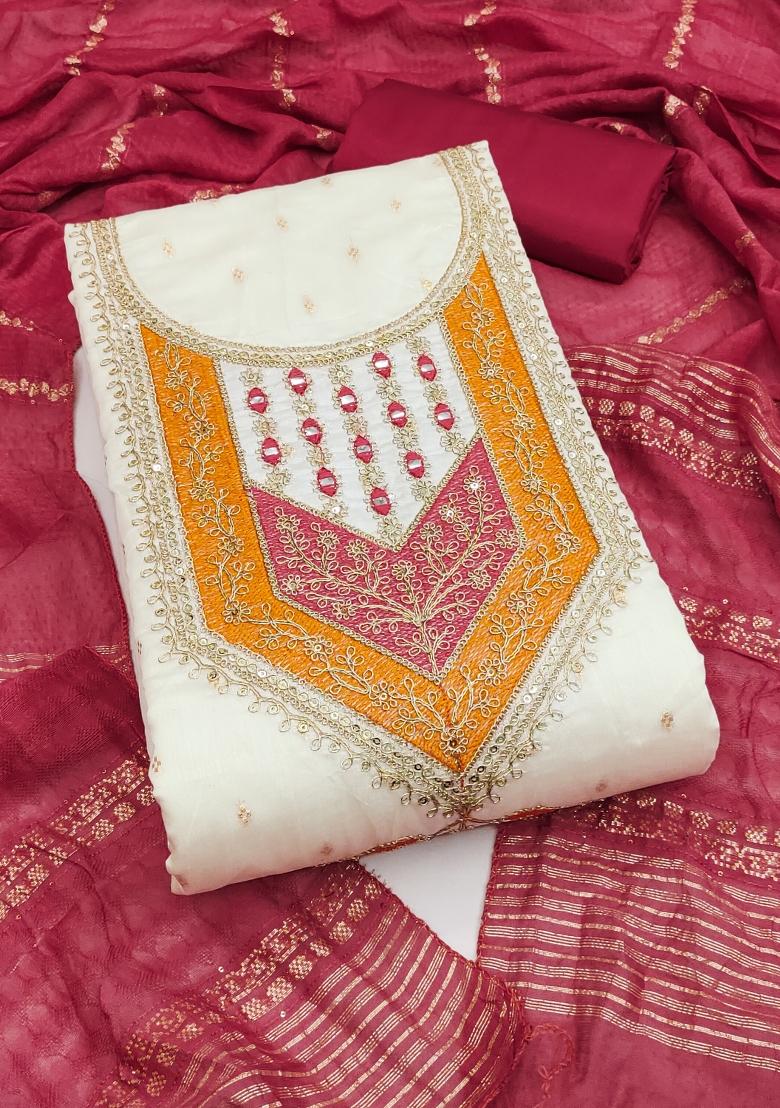 White Embroidered Jacquard Dress Material - Indya