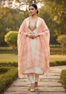 White Embroidered Jacquard Dress Material