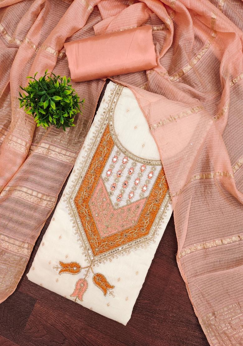 White Embroidered Jacquard Dress Material