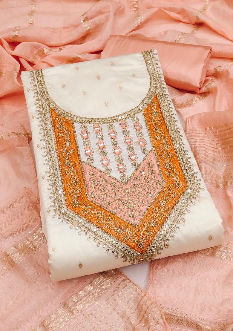 White Embroidered Jacquard Dress Material