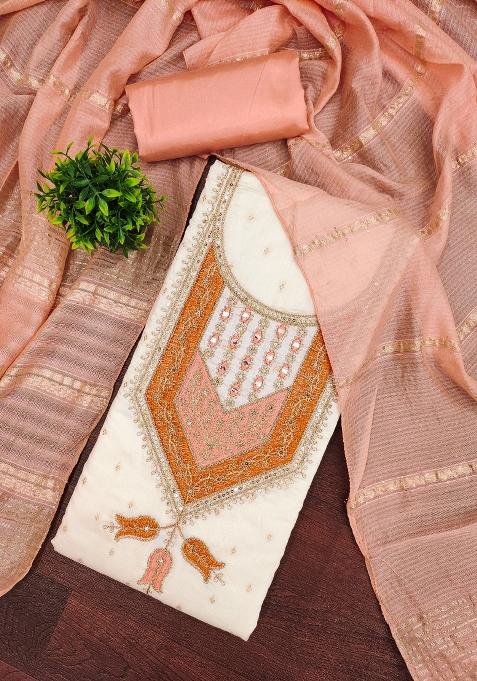 White Embroidered Jacquard Dress Material