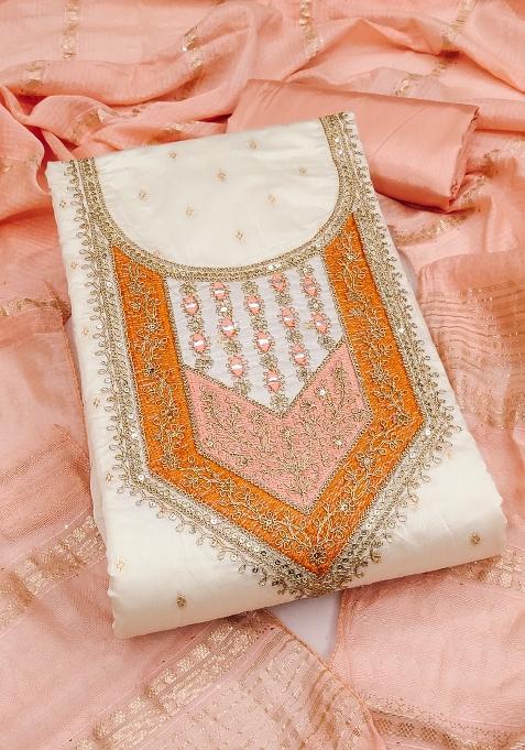 White Embroidered Jacquard Dress Material