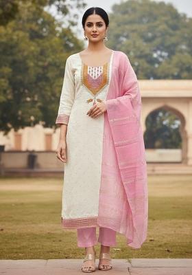 White Embroidered Jacquard Dress Material