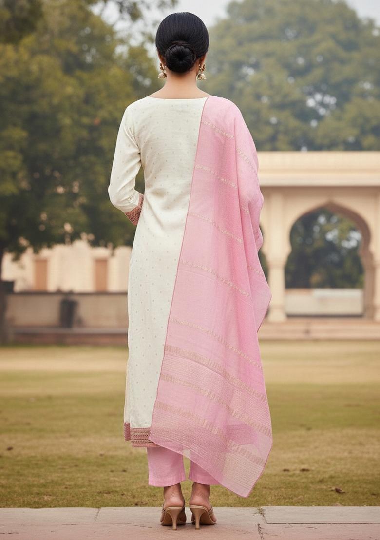 White Embroidered Jacquard Dress Material - Indya