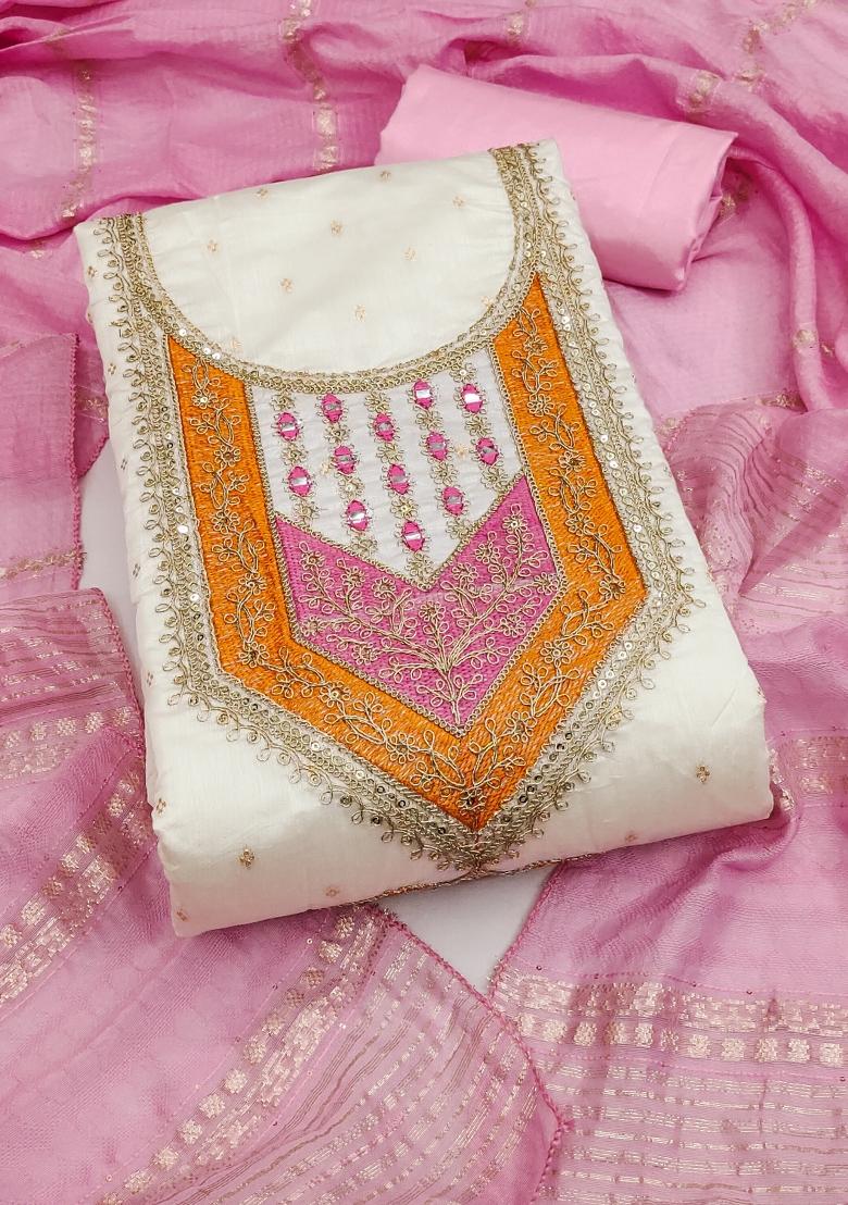 White Embroidered Jacquard Dress Material - Indya