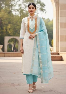 White Embroidered Jacquard Dress Material