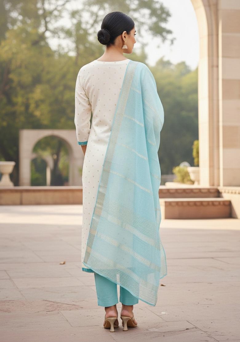 White Embroidered Jacquard Dress Material - Indya