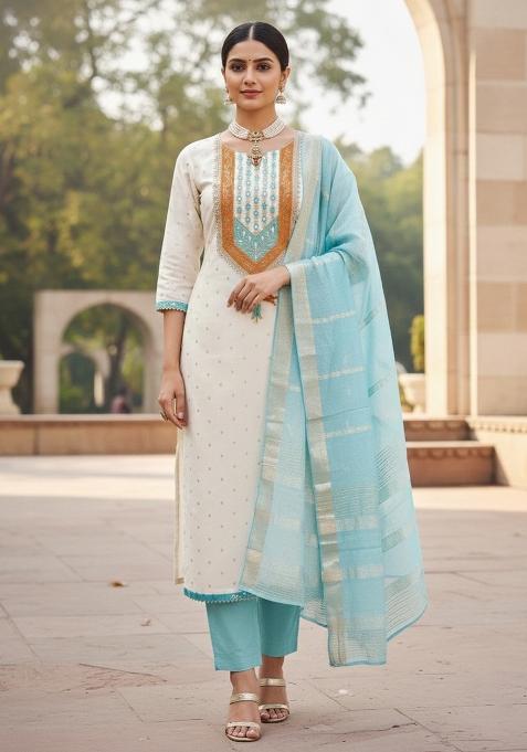 White Embroidered Jacquard Dress Material