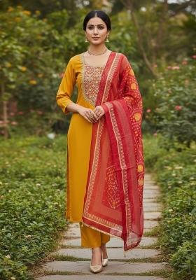 Yellow Embroidered Cotton Blend Dress Material