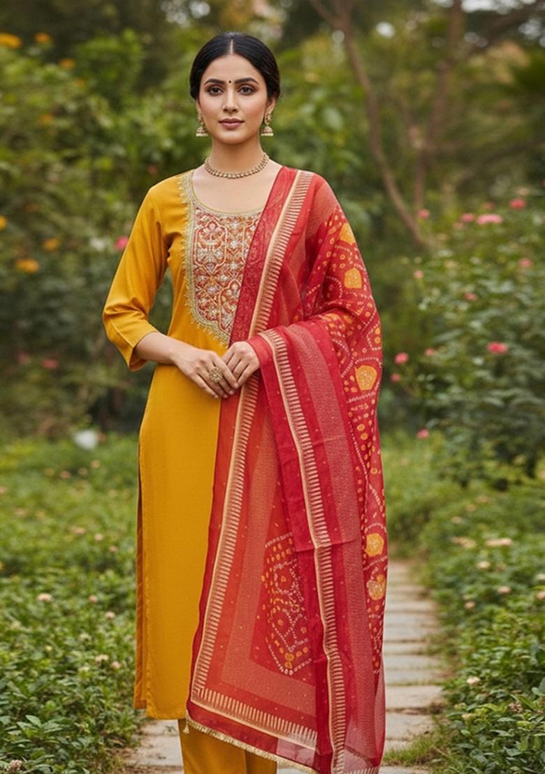 Yellow Embroidered Cotton Blend Dress Material - Indya