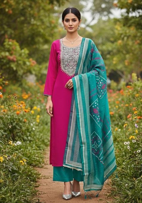 Pink Embroidered Cotton Blend Dress Material