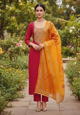 Red Embroidered Cotton Blend Dress Material