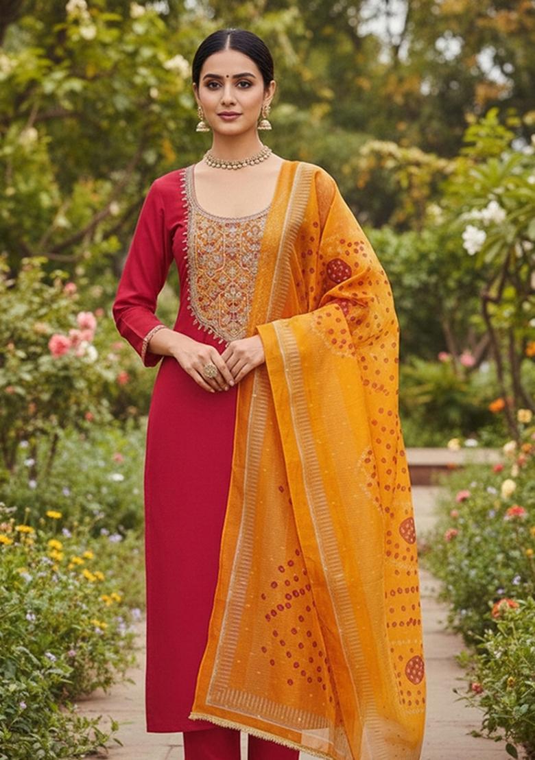 Red Embroidered Cotton Blend Dress Material - Indya