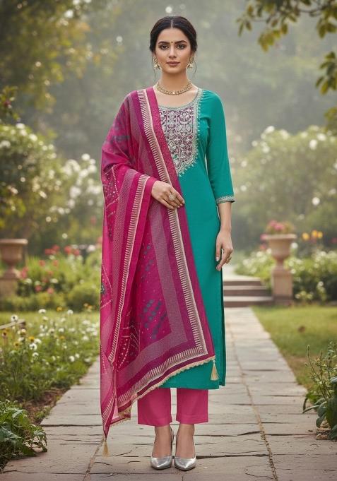 Sea Green Embroidered Cotton Blend Dress Material