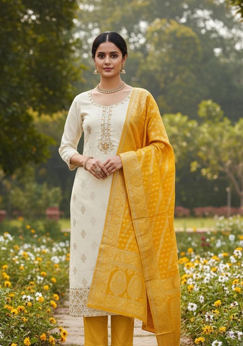 White Embroidered Cotton Blend Dress Material - Indya