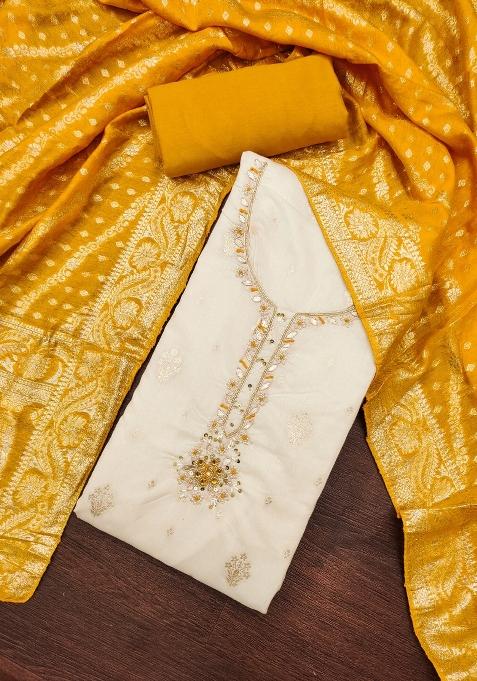 White Embroidered Cotton Blend Dress Material