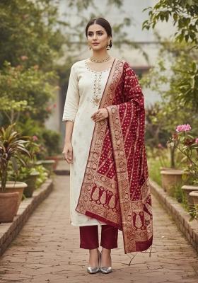 White Embroidered Cotton Blend Dress Material