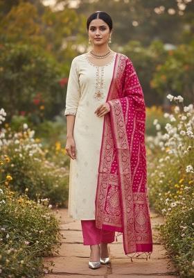 White Embroidered Cotton Blend Dress Material